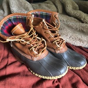 L.L. Bean duck boots tumbled leather plaid flannel lined thinsulate